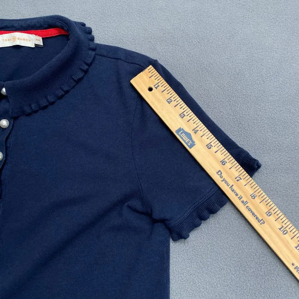 Tory Burch Pearl Button Polo Womens M Lettuce Hem Collar and Sleeves Navy Preppy